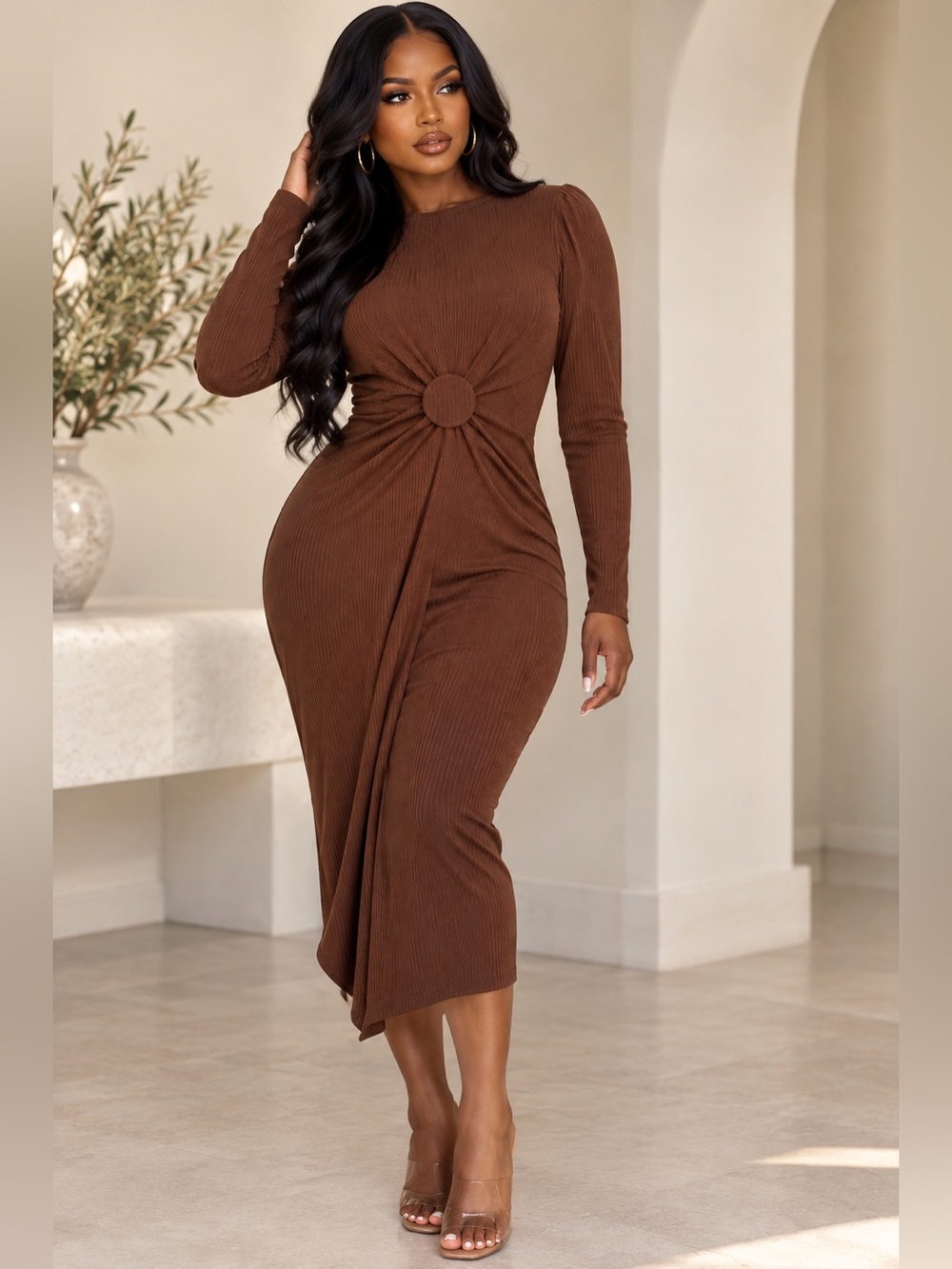 Express Brown Ribbed Long Sleeve Ring Detail Midi Dress